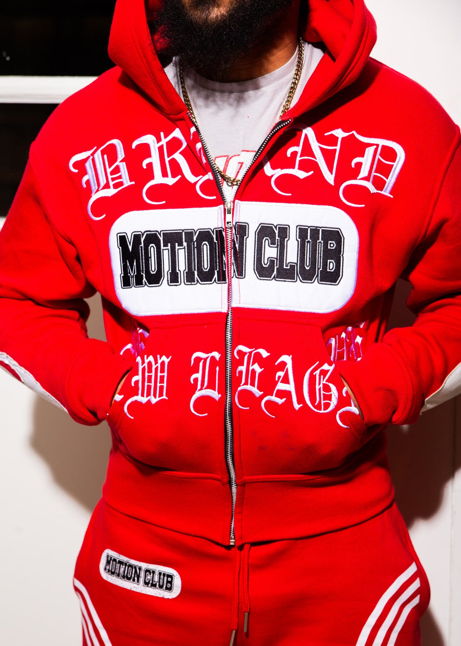 Zip Up Hoodie with Distressed Embroidery – Red